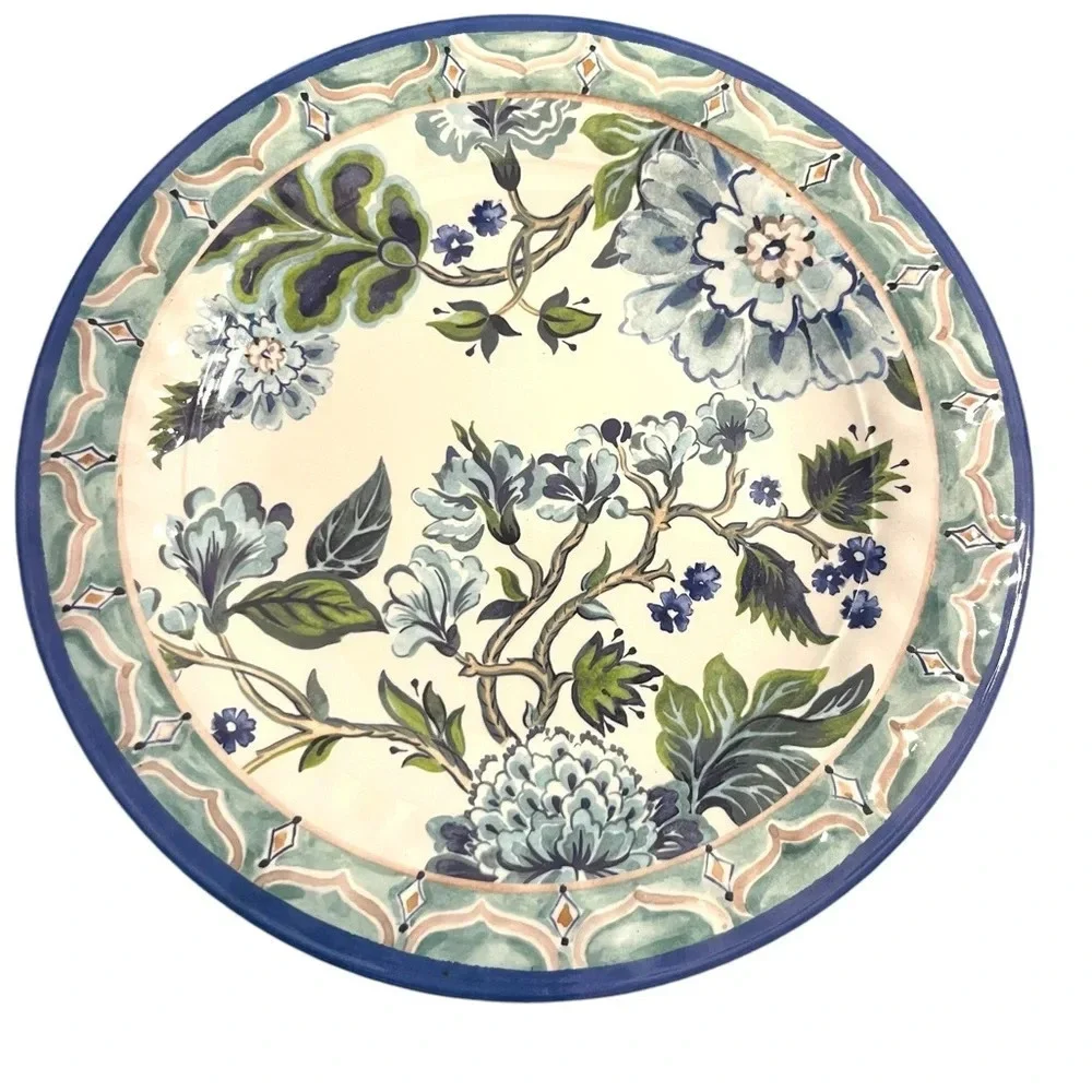 Pier 1 Melamine 2 Dinner Plates And 2 Salad Plates (4 Total) Floral Green & Blue